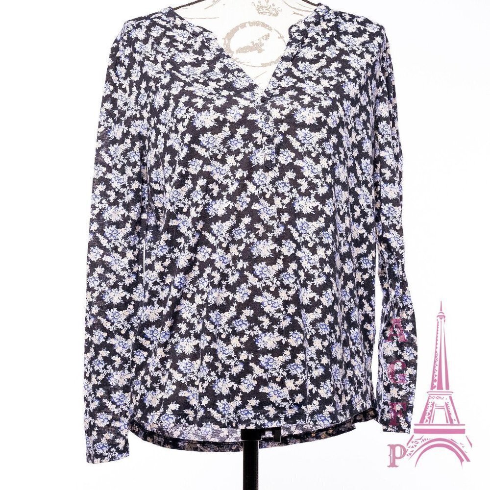 H&M Floral shirt top M blue long sleeve casual cottagecore casual  💖2/$30